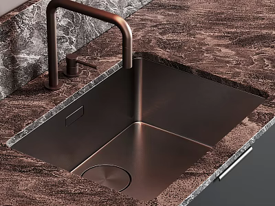 Sleek Copper Kitchen Sink on Marble Countertop with Curved Faucet Modern Design 3d model