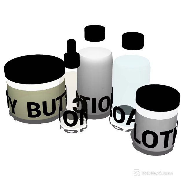Bathroom Accessories With Lotion Oil Bottles Jars And Labeled Containers 3d model 