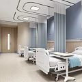 Hospital Outpatient Clinic Ward Interior Design With White Wheeled Beds Blue Beige Walls