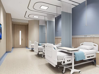 Hospital Outpatient Clinic Ward Interior Design With White Wheeled Beds Blue Beige Walls 3d model