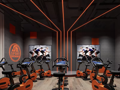 SF SPORT Fitness Studio Featuring Spin Bikes Large Screens Orange Black Decor And Ceiling Lines 3d model