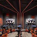 SF SPORT Fitness Studio Featuring Spin Bikes Large Screens Orange Black Decor And Ceiling Lines