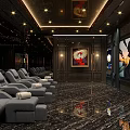 Luxury SPA Sauna Relaxation Lounge With Comfortable Gray Recliners Large Screen And Decorative Ceiling Lights