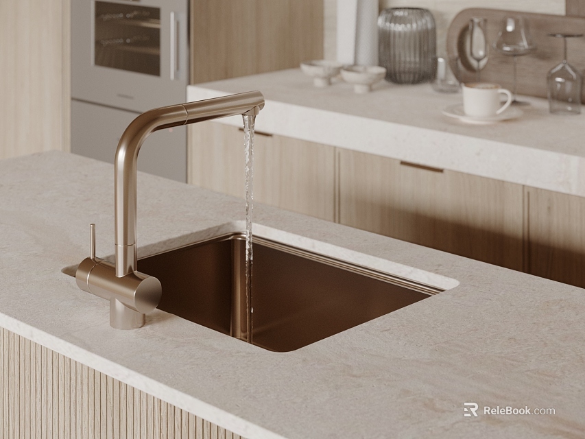 Modern Kitchen Sink With Sleek Faucet Running Water And Stone Countertop Cabinets 3d model 