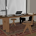 Wooden Desk With Brass Lamp Laptop Wicker Chair And Patterned Rug Near Window Blinds