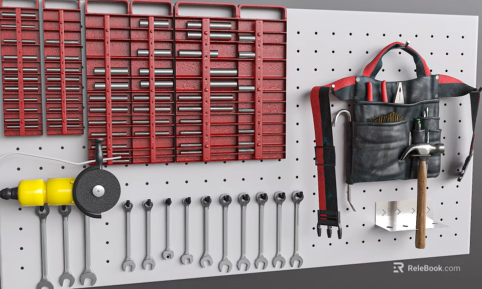 Organized Hardware Tools with Pegboard Mounted Tool Racks Wrenches and Tool Bag 3d model 