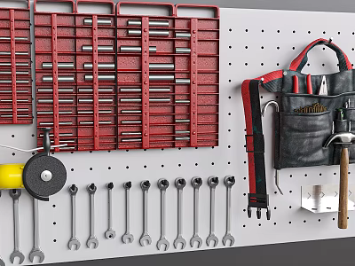Organized Hardware Tools with Pegboard Mounted Tool Racks Wrenches and Tool Bag 3d model