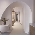 Modern Beauty Salon Interior With Wooden Reception Desk Circular Ceiling And Plants