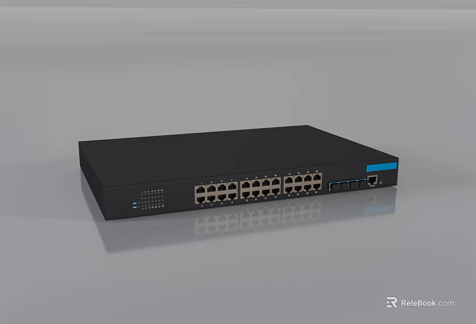 Industrial Network Switch With Multiple Ethernet Ports Black Housing And Blue Interface 3d model 