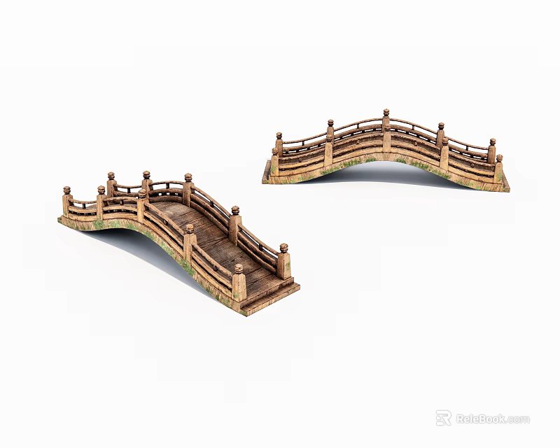 Two Arched Wooden Miniature Bridges With Ornate Railings For Decoration 3d model 