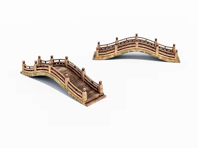 Two Arched Wooden Miniature Bridges With Ornate Railings For Decoration 3d model