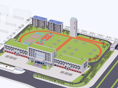 Modern Office Building Complex With Green Playground Red Running Track And Parking Area 3d model