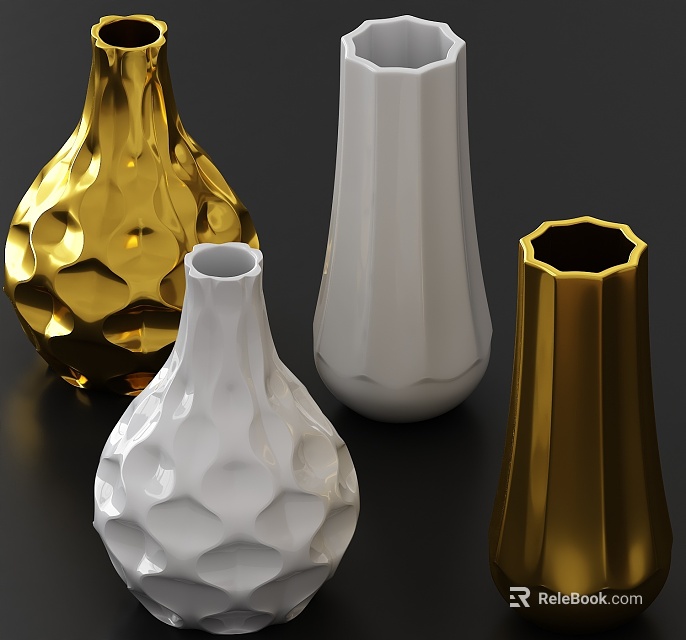 Gold And White Decorative Vases With Geometric Patterns And Modern Design 3d model 