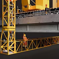 Yellow Heavy Duty Construction Vehicle Transporting Concrete Bridge Slab With Crane Structure At Construction Site