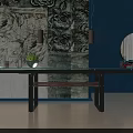 Modern Dining Table With Glass Top Metal Legs Against Floral Wallpaper And Dark Blue Walls