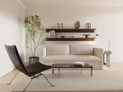 Modern Living Room Interior With Beige Sofa Black Chair Coffee Table Shelf And Floor Lamp 3d model