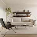 Modern Living Room Interior With Beige Sofa Black Chair Coffee Table Shelf And Floor Lamp