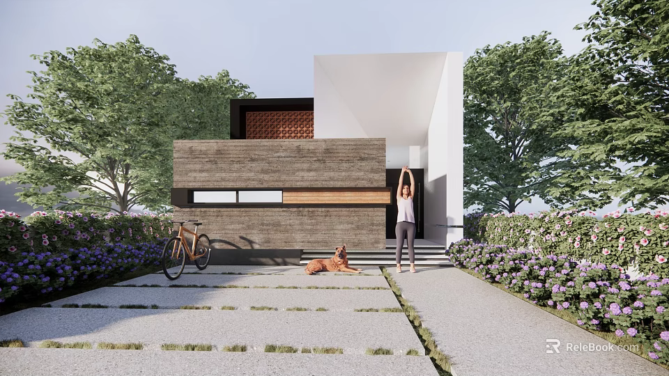 Modern Detached Villa with Wooden Facade Garden Bicycle Dog and Person Stretching 3d model 