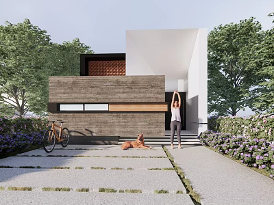 Modern Detached Villa with Wooden Facade Garden Bicycle Dog and Person Stretching 3d model