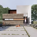 Modern Detached Villa with Wooden Facade Garden Bicycle Dog and Person Stretching