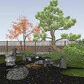 Japanese Courtyard Garden With Red Maple Trees Stones Green Lawn And Wooden House