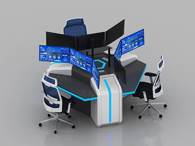 Modern Office Control Desk Featuring Multiple Monitors Blue Lighting And Ergonomic Chairs 3d model