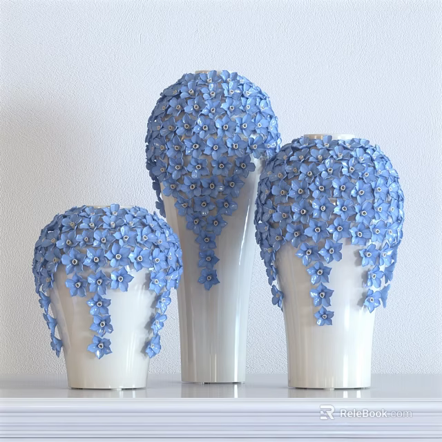 Three Piece Decorative Ornament Set With Blue Flower Decor And White Vases 3d model 