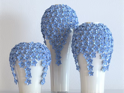 Three Piece Decorative Ornament Set With Blue Flower Decor And White Vases 3d model