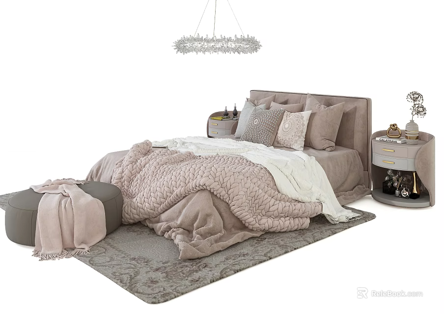 Double Bed With Upholstered Headboard Pink White Quilt Multiple Pillows And Bedside Table Stool Chandelier Rug 3d model 