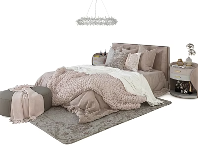 Double Bed With Upholstered Headboard Pink White Quilt Multiple Pillows And Bedside Table Stool Chandelier Rug 3d model