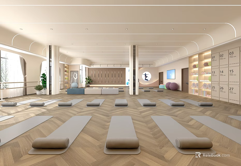 Spacious Light Filled Yoga Studio With Mats Bolsters And Lockers 3d model 