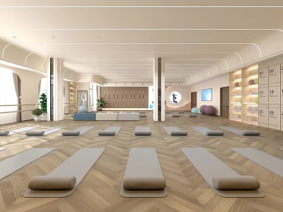 Spacious Light Filled Yoga Studio With Mats Bolsters And Lockers 3d model