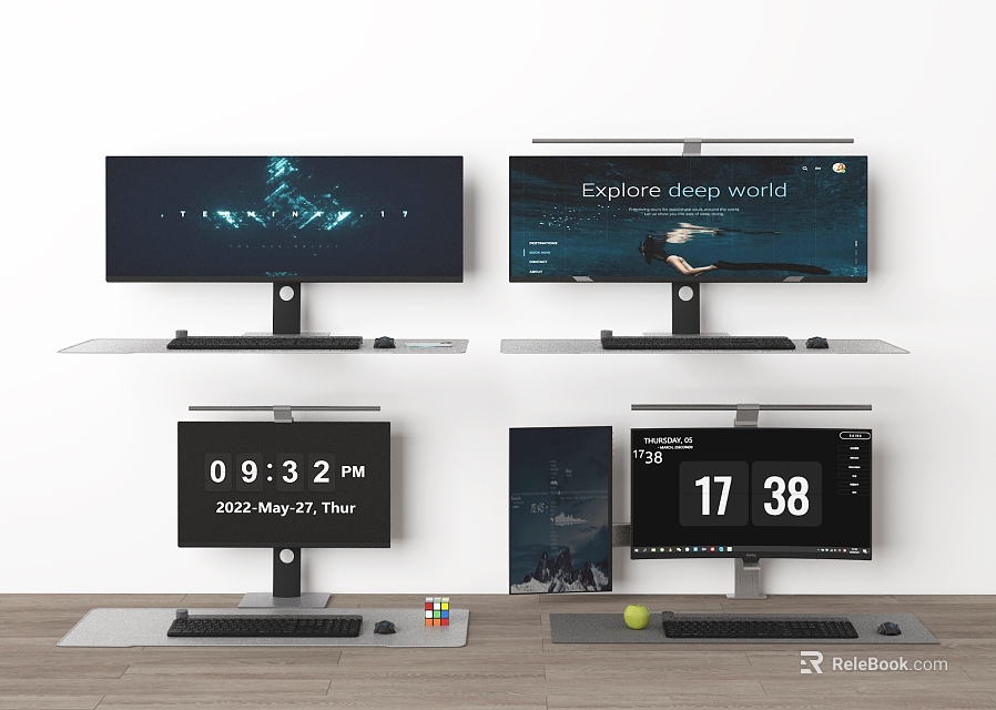 Modern Computer Monitor Setup With Sleek Stands Explore Your World Text Screen Time And Accessories 3d model 