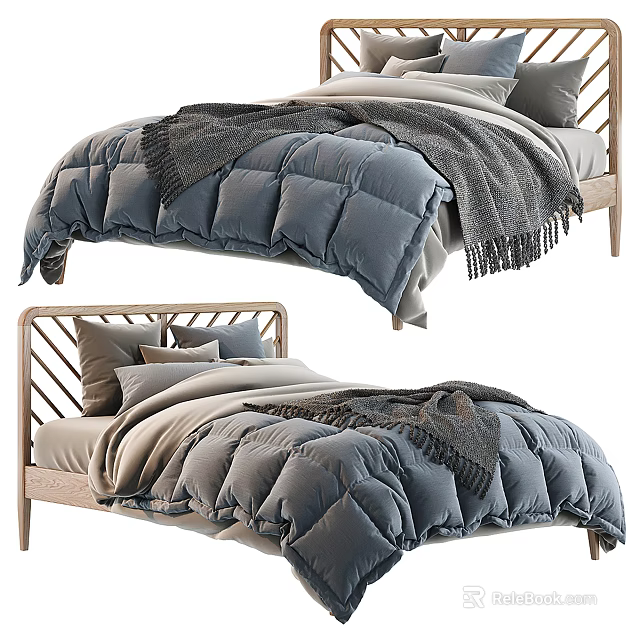 Modern Minimalist Wooden Double Bed with Gray Comforter Pillows and Throw Blanket 3d model 