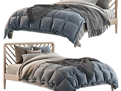 Modern Minimalist Wooden Double Bed with Gray Comforter Pillows and Throw Blanket 3d model