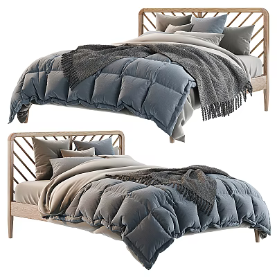 Modern Minimalist Wooden Double Bed with Gray Comforter Pillows and Throw Blanket 3d model