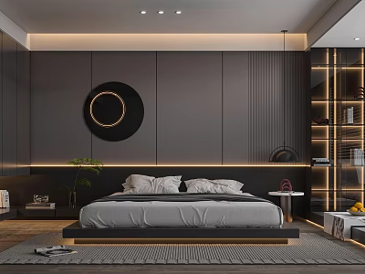 Modern Bedroom Interior With Dark Gray Striped Walls Circular Lighting Decor And Gray Bed 3d model