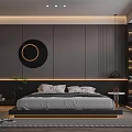 Modern Bedroom Interior With Dark Gray Striped Walls Circular Lighting Decor And Gray Bed
