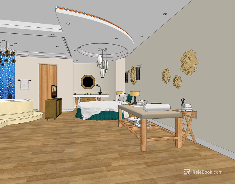 Luxurious Hotel Room Interior With Bed Bathtub Wooden Floor And Wall Decor 3d model 
