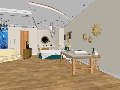 Luxurious Hotel Room Interior With Bed Bathtub Wooden Floor And Wall Decor 3d model