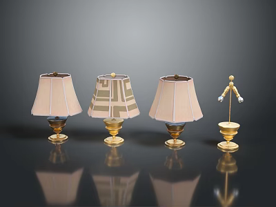 Modern Decorative Lamp Set With Four Pieces Gold Base And Patterned Fabric Shades 3d model