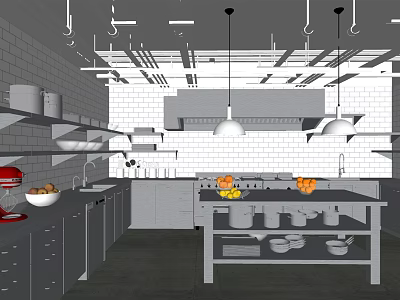 Commercial Kitchen Interior Design With Worktable Cabinets Hanging Lights And Fresh Fruits 3d model