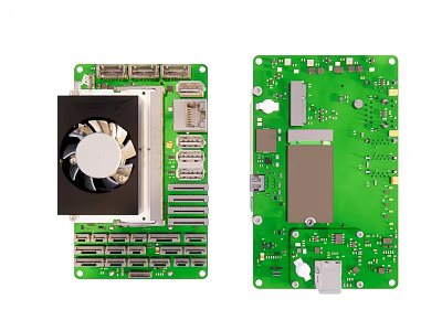 Detailed View of Green Circuit Boards With Fan Multiple Ports And Electronic Components 3d model