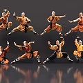 Men In Orange Robes Performing Various Martial Arts Poses With Reflections On Gray Background