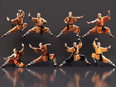 Men In Orange Robes Performing Various Martial Arts Poses With Reflections On Gray Background 3d model