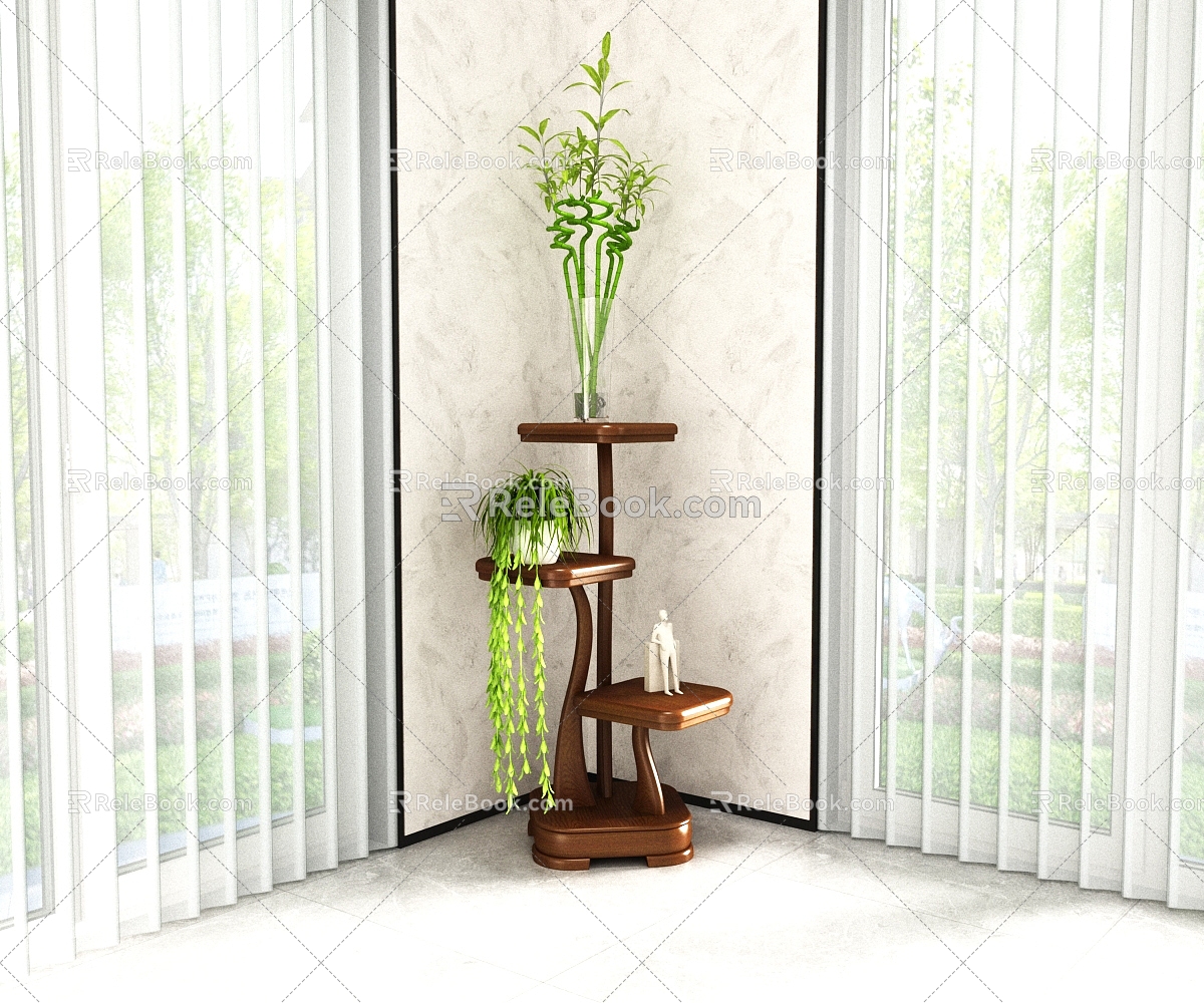 Chinese style flower stand solid wood dream curtain art paint 3d model