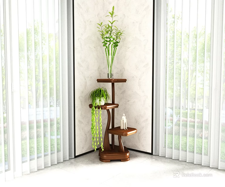 Wooden Indoor Plant Stand With Multi Tiered Shelves And Green Plants Near Window 3d model 