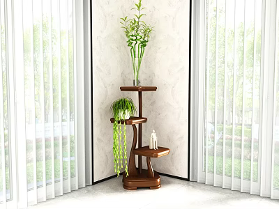 Wooden Indoor Plant Stand With Multi Tiered Shelves And Green Plants Near Window 3d model