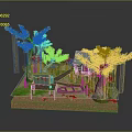 Natural Landscape Model with Green Trees Hanging Vines Wooden Bench Pathway and Water Area
