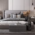 Modern Bedroom Interior With Gray Headboard Hanging Pendant Lights Wood And White Panel Walls